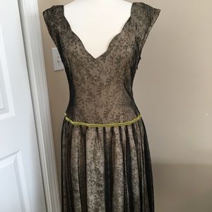 tea length dress, black lace over cream underlay